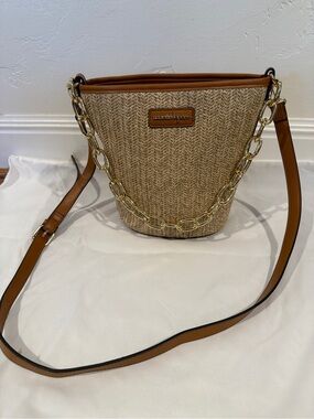 Nanette Lepore Tan Straw Bucket Crossbody with Gold Chain Strap